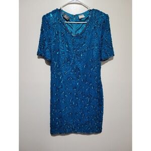 Vintage MODI Beaded Silk Dress Women M Turquoise Sequin Mini Vintage Cocktail